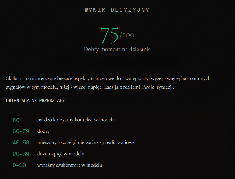 Przykładowy wynik raportu decyzyjnego w podglądzie - skala 0-100, opis momentu i legenda orientacyjnych przedziałów